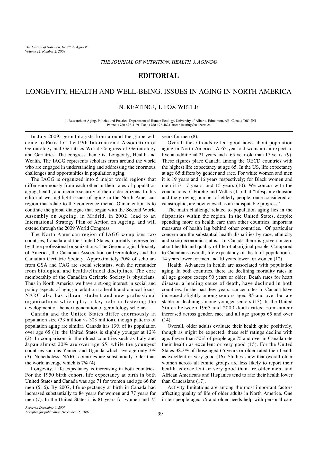 Longevity, health and well-being. Issues in aging in North America by Unknown