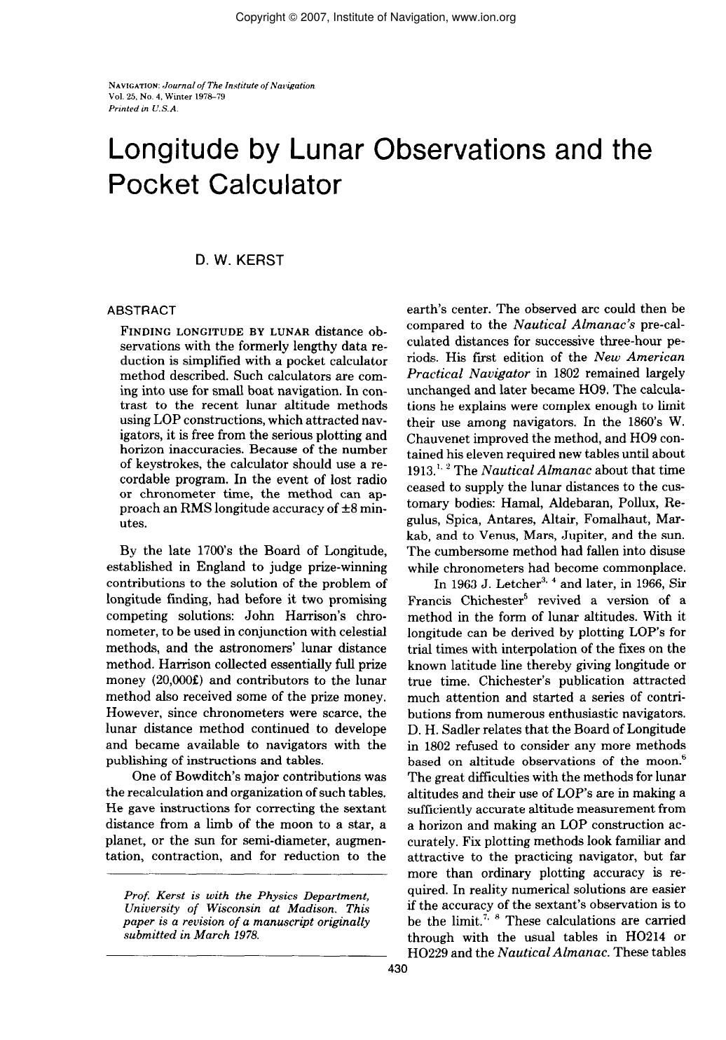 Longitude by Lunar Observations and the Pocket Calculator by D. W. KERST