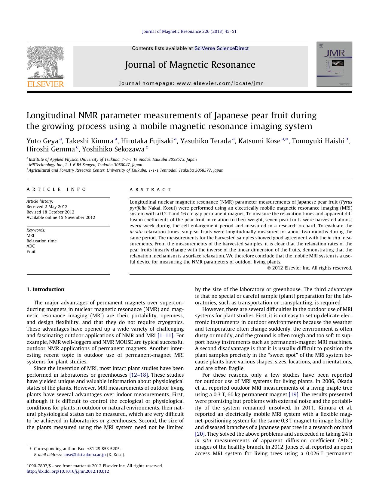 Longitudinal NMR parameter measurements of Japanese pear fruit during the growing process using a mobile magnetic resonance imaging system by unknow