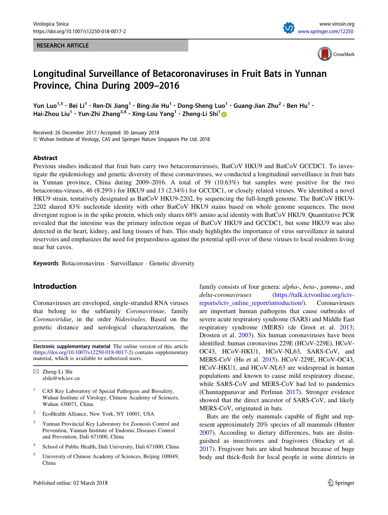 Longitudinal Surveillance of Betacoronaviruses in Fruit Bats in Yunnan Province, China During 2009–2016 by unknow