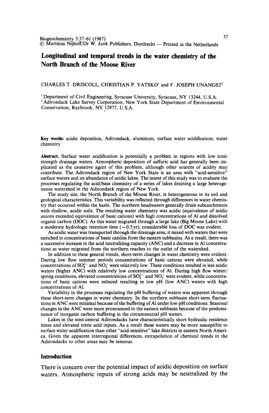 Longitudinal and temporal trends in the water chemistry of the North Branch of the Moose River by Unknown