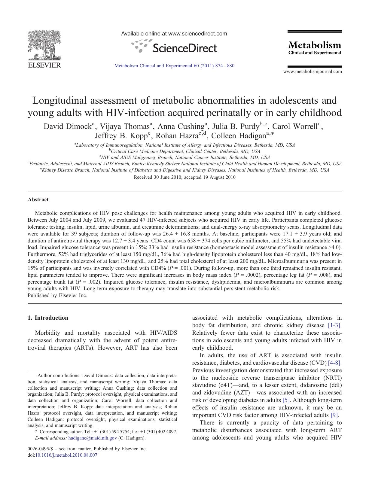 Longitudinal assessment of metabolic abnormalities in adolescents and young adults with HIV-infection acquired perinatally or in early childhood by unknow