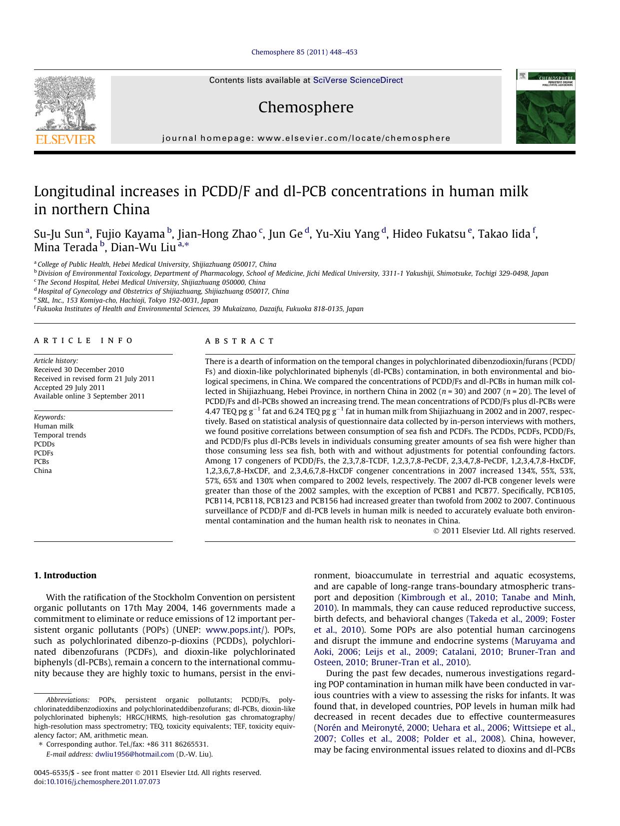 Longitudinal increases in PCDDF and dl-PCB concentrations in human milk in northern China by unknow