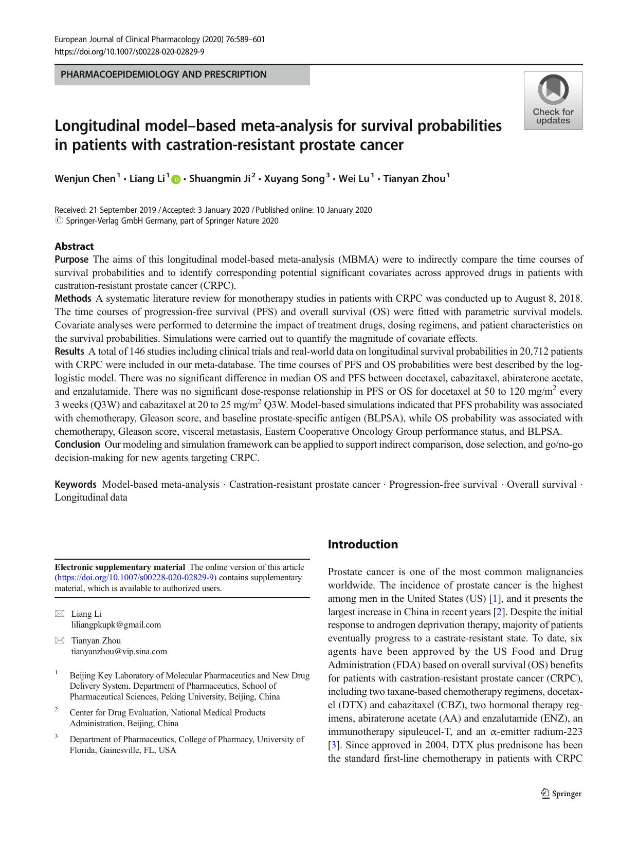 Longitudinal modelâbased meta-analysis for survival probabilities in patients with castration-resistant prostate cancer by Wenjun Chen & Liang Li & Shuangmin Ji & Xuyang Song & Wei Lu & Tianyan Zhou