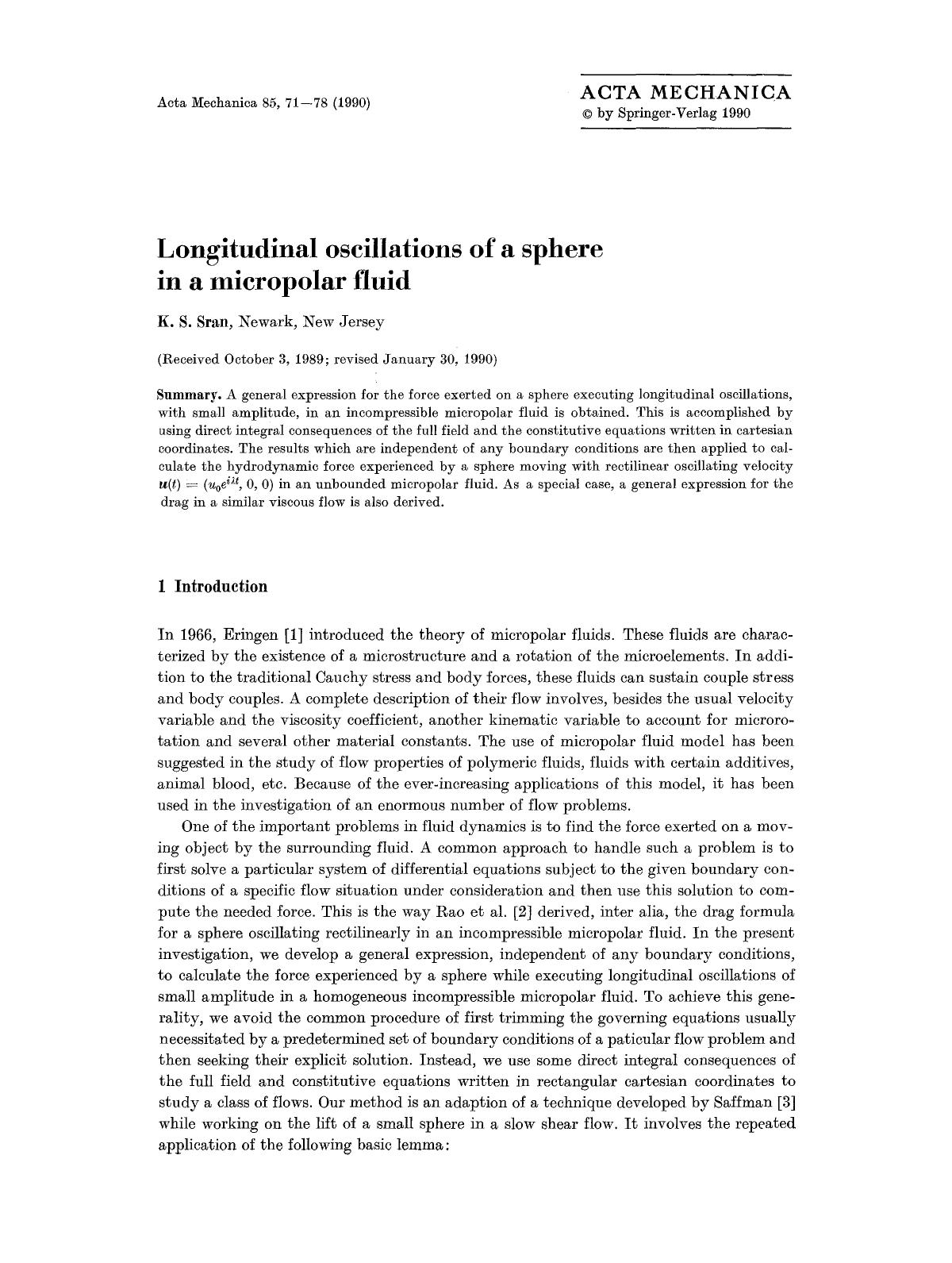 Longitudinal oscillations of a sphere in a micropolar fluid by Unknown