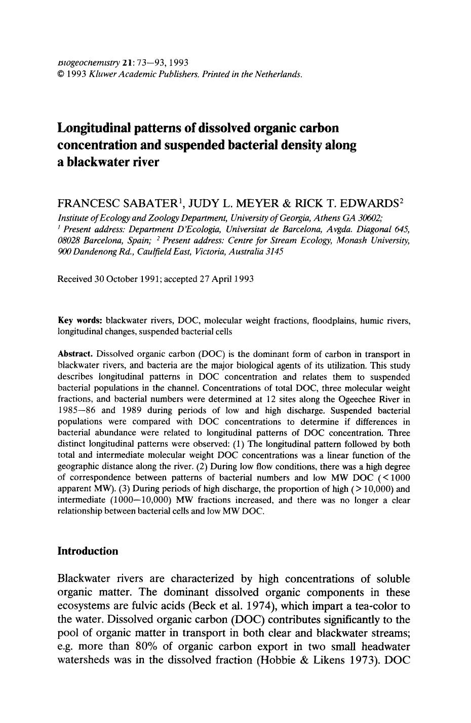 Longitudinal patterns of dissolved organic carbon concentration and suspended bacterial density along a blackwater river by Unknown
