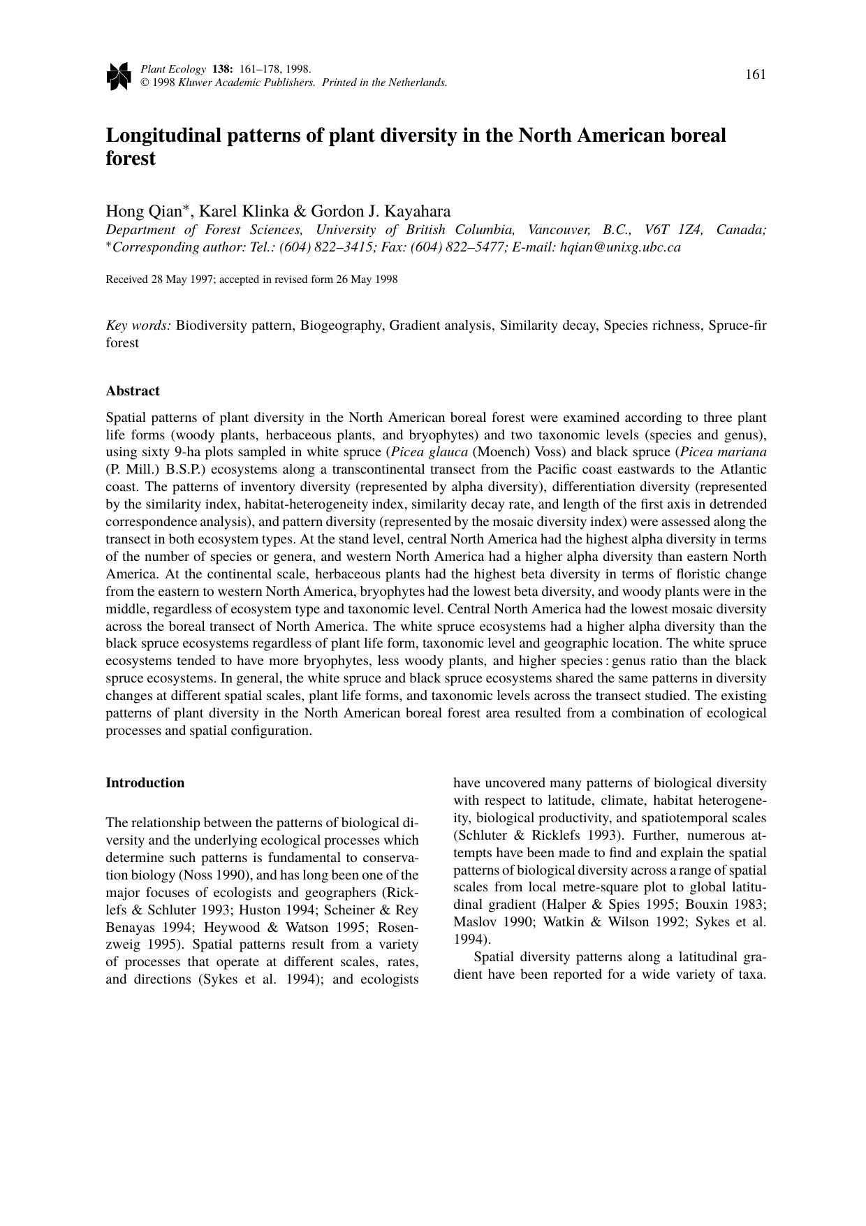 Longitudinal patterns of plant diversity in the North American boreal forest by Unknown