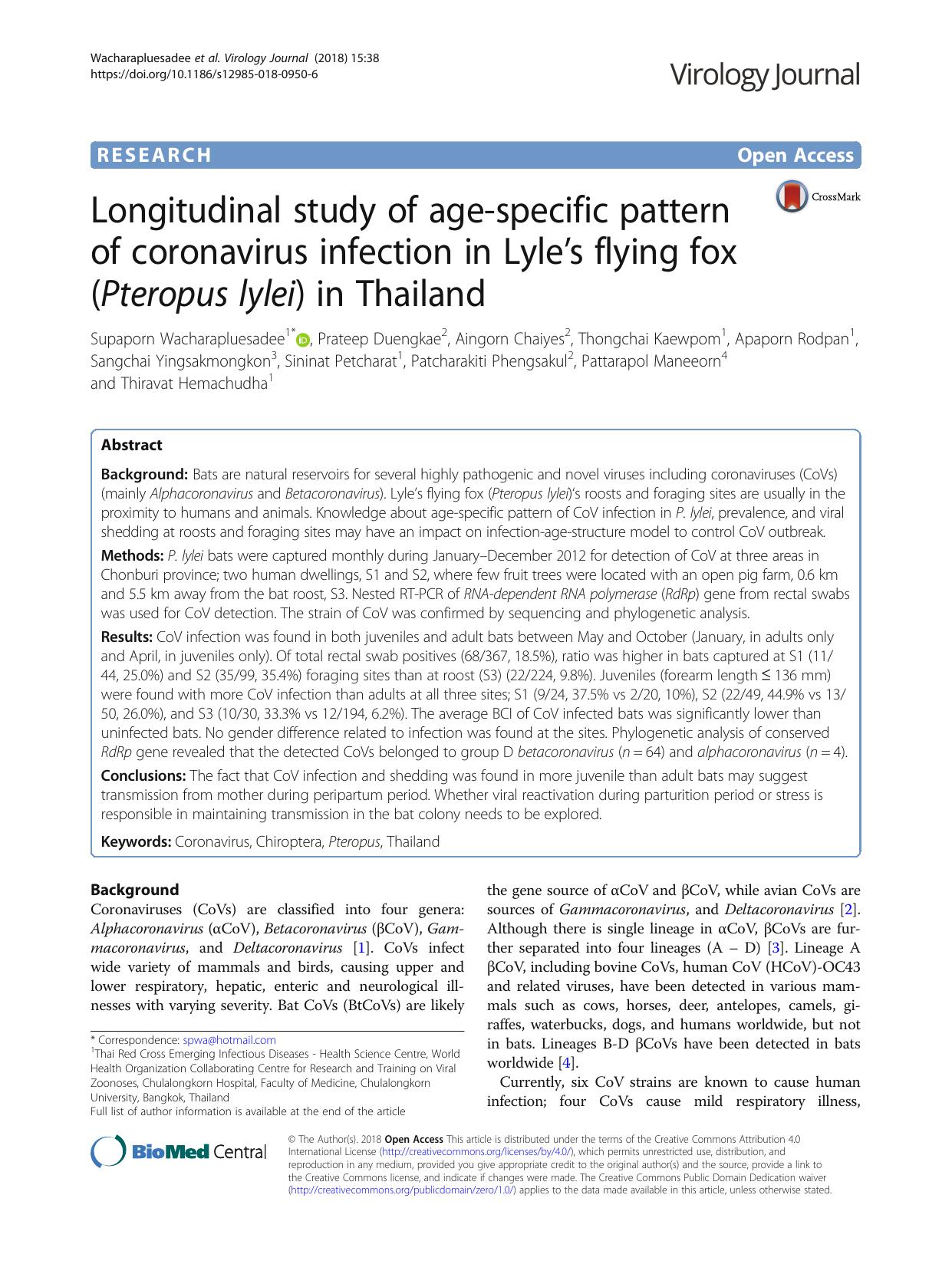 Longitudinal study of age-specific pattern of coronavirus infection in Lyle’s flying fox (Pteropus lylei) in Thailand by unknow