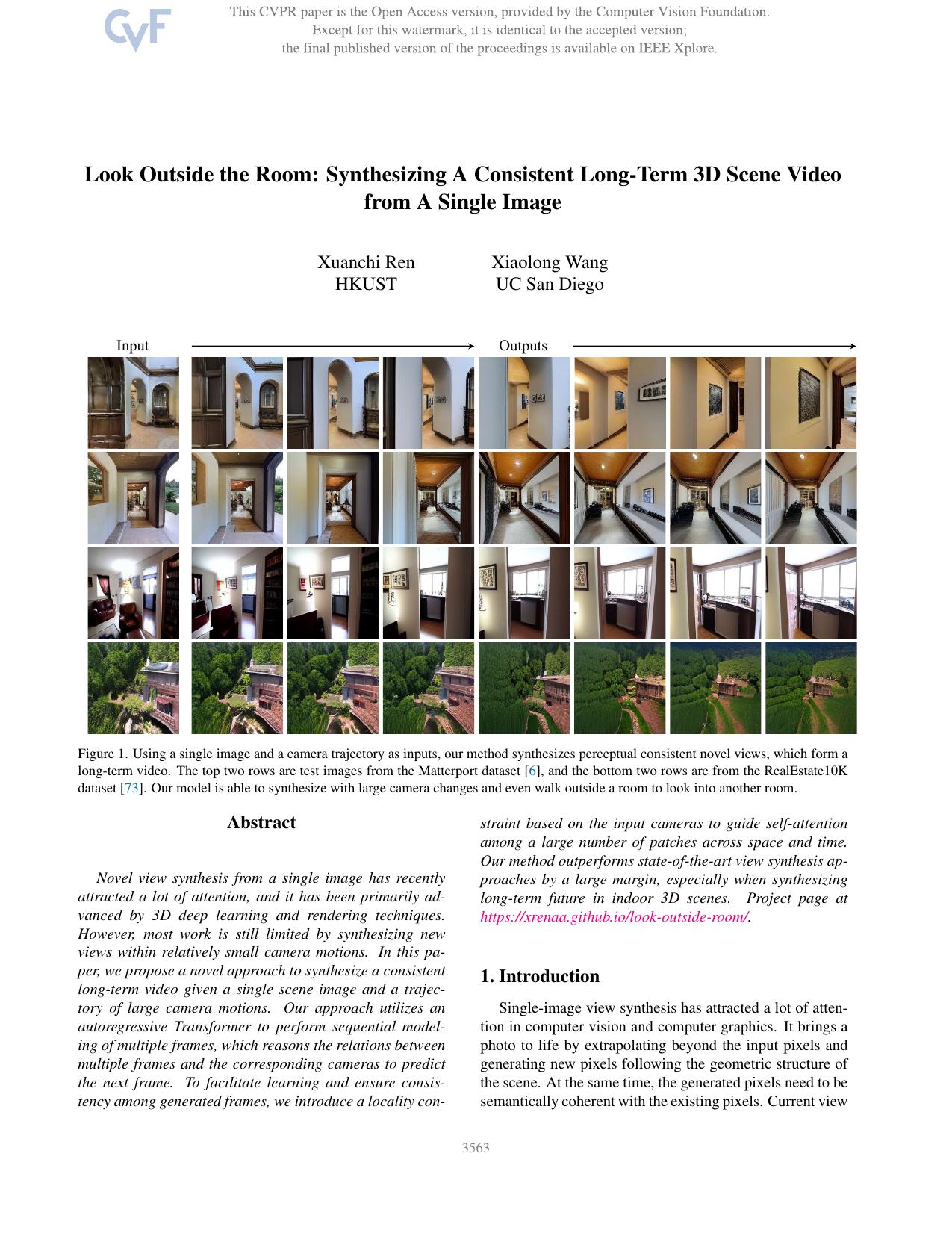 Look Outside the Room: Synthesizing a Consistent Long-Term 3D Scene Video From a Single Image by Xuanchi Ren & Xiaolong Wang