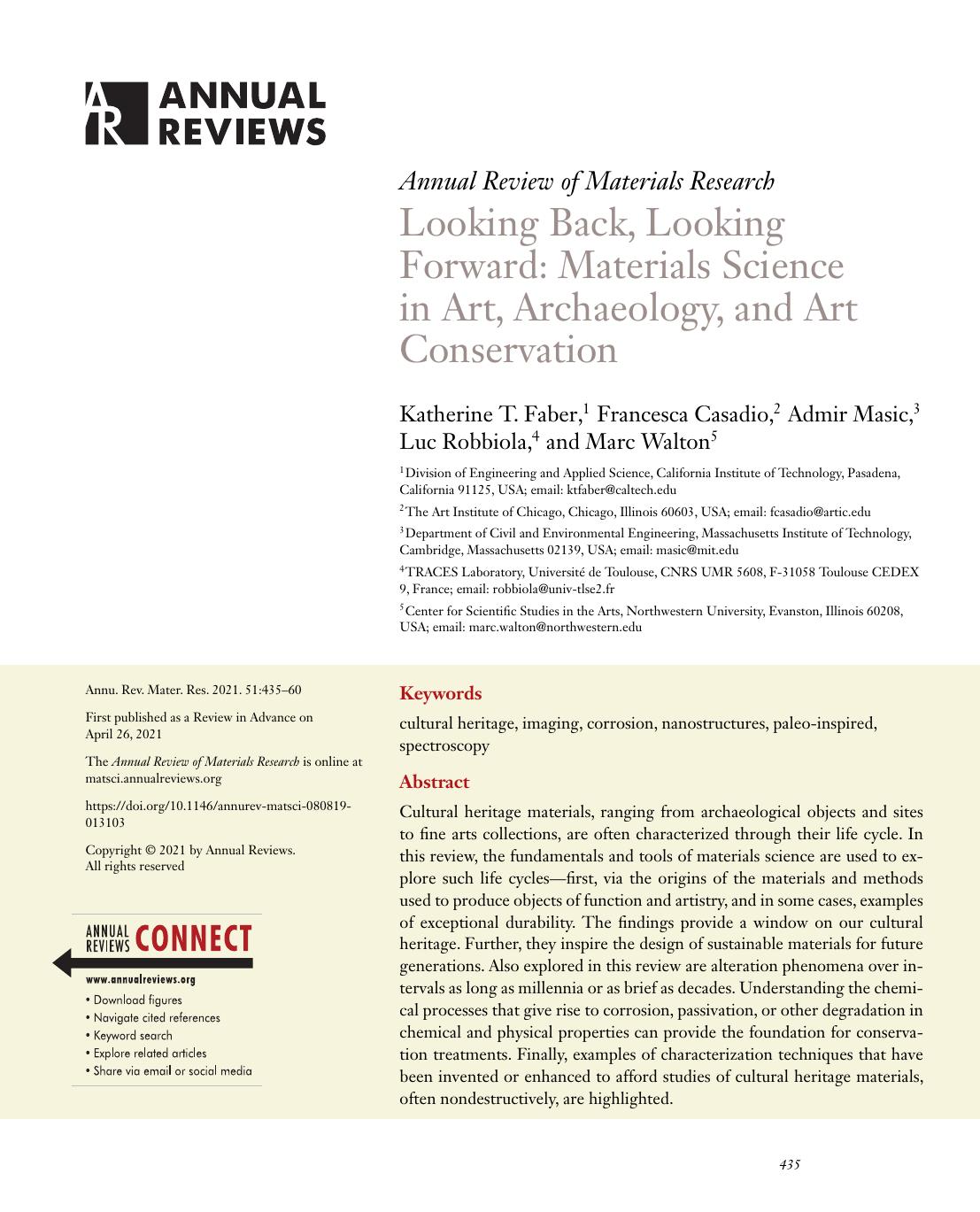 Looking Back, Looking Forward: Materials Science in Art, Archaeology, and Art Conservation by Katherine T. Faber Francesca Casadio Admir Masic Luc Robbiola Marc Walton