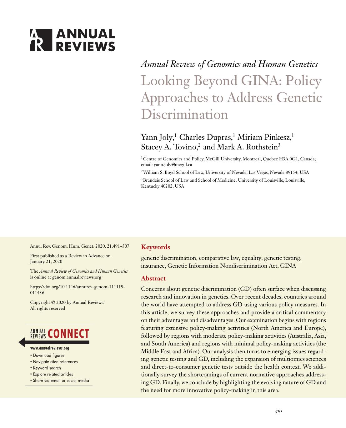 Looking Beyond GINA: Policy Approaches to Address Genetic Discrimination by Yann Joly Charles Dupras Miriam Pinkesz Stacey A. Tovino Mark A. Rothstein