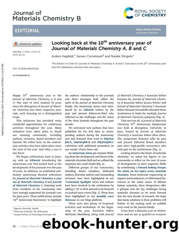 Looking back at the 10th anniversary year of Journal of Materials Chemistry A, B and C by Anders Hagfeldt & Jeroen Cornelissen & Natalie Stingelin