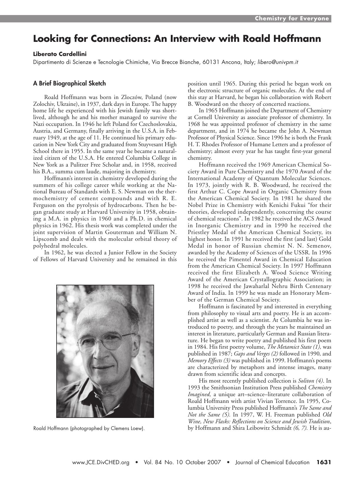 Looking for Connections: An Interview with Roald Hoffmann by Liberato Cardellini