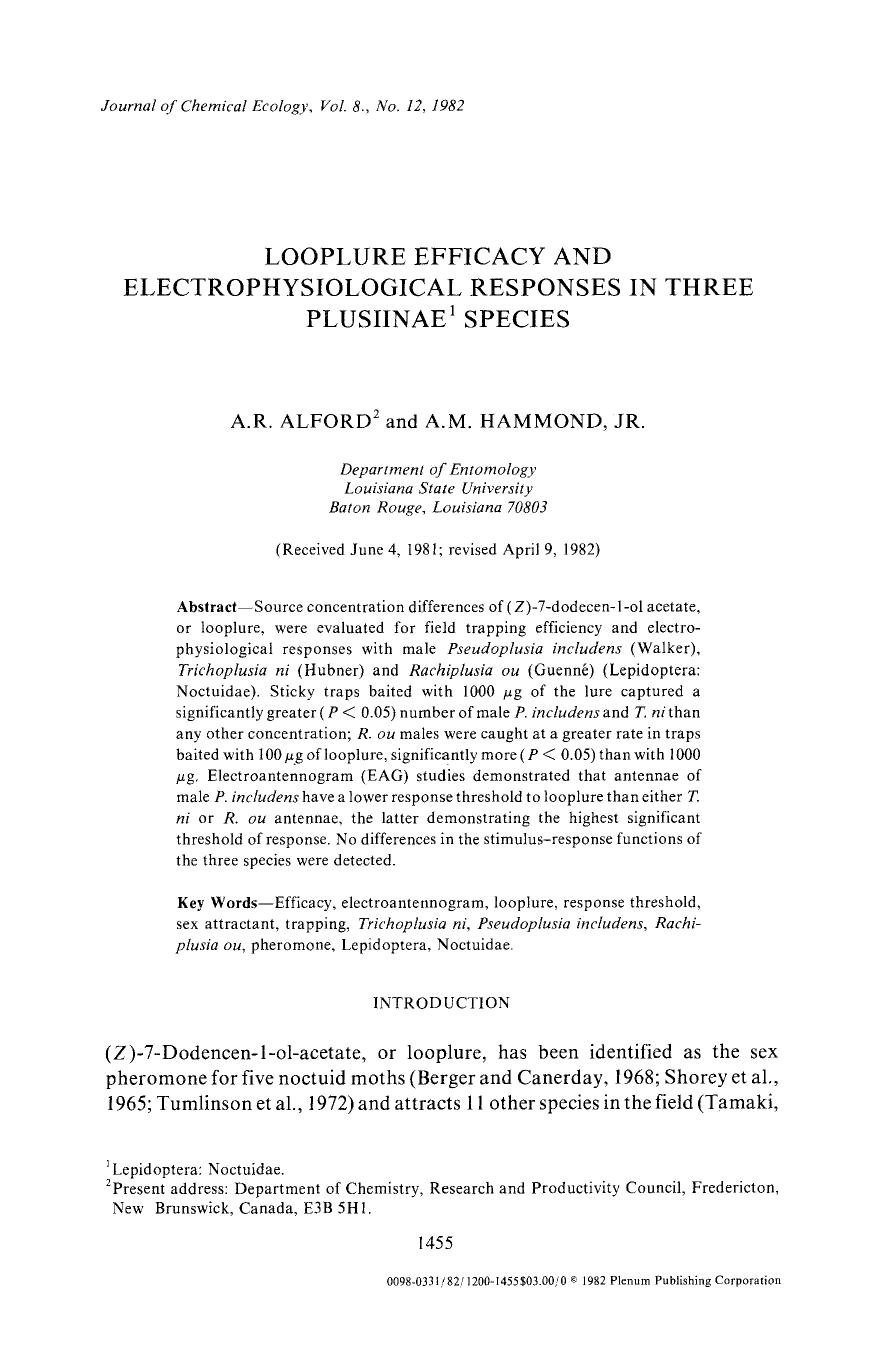 Looplure efficacy and electrophysiological responses in three plusiinae species by Unknown