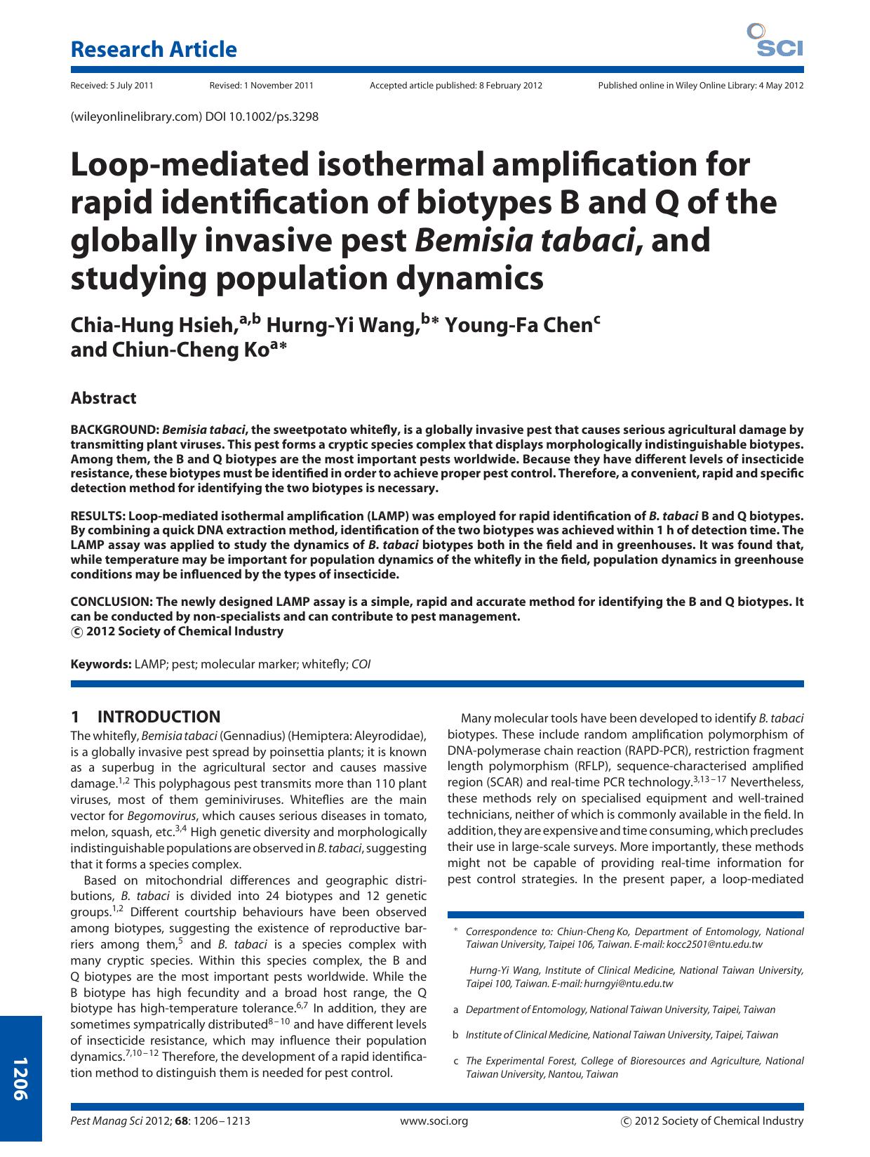 Loopmediated isothermal amplification for rapid identification of biotypes B and Q of the globally invasive pest Bemisia tabaci, and studying population dynamics by Unknown