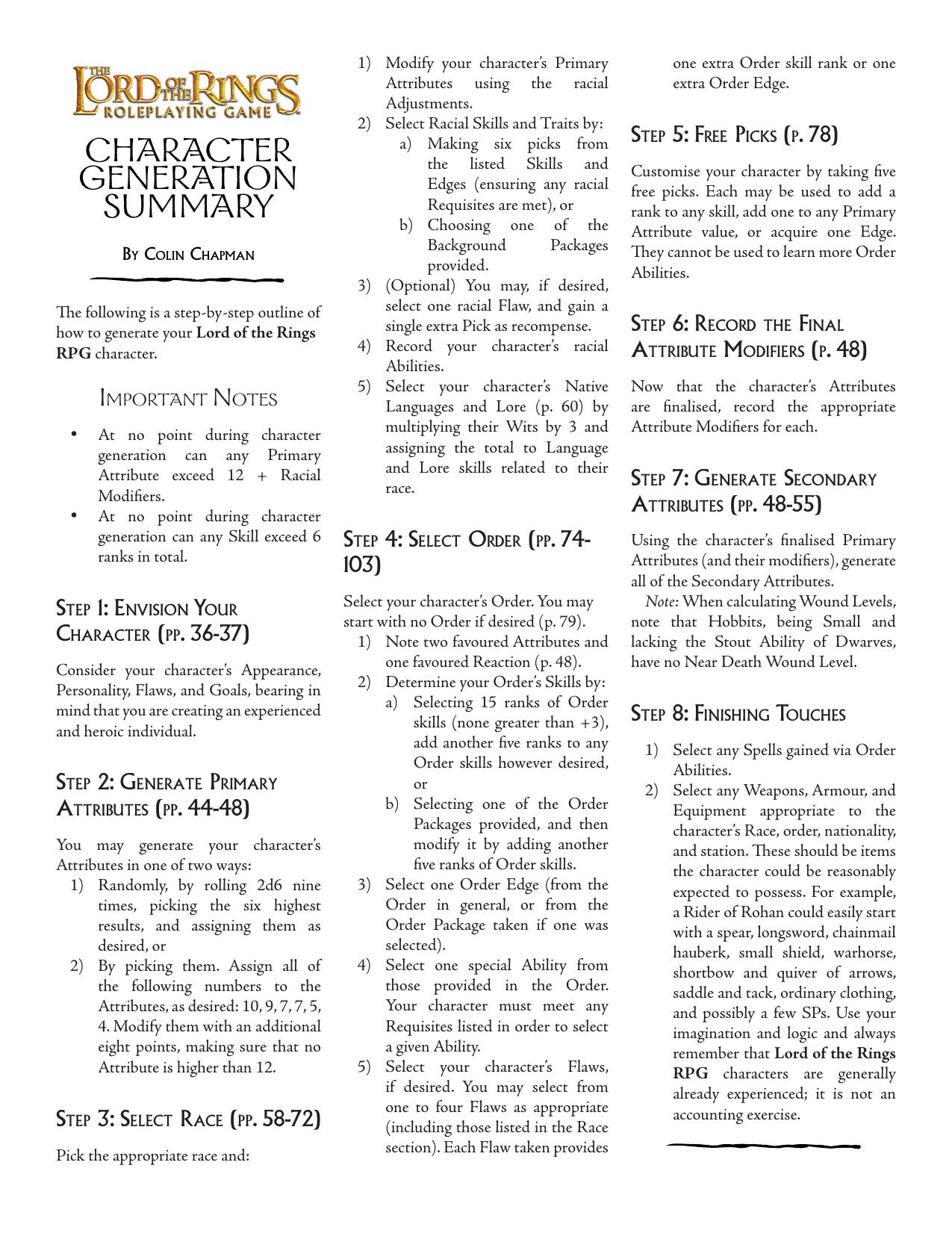 Lord of the Rings RPG Character Generation Summary by Colin Chapman PDF by Patrick Murphy