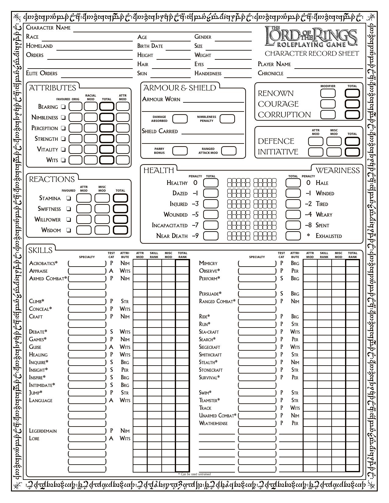 Lord of the Rings RPG Character Sheet 1.0 by Patrick Murphy A Mad Irishman Production (www.mad-irishman.net)