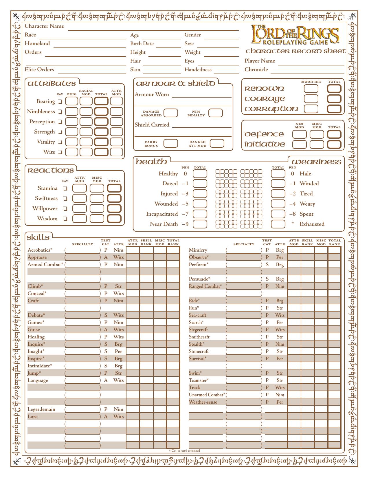 Lord of the Rings RPG Character Sheet 1.0.1 Uncial Version by Patrick Murphy A Mad Irishman Production (www.mad-irishman.net)