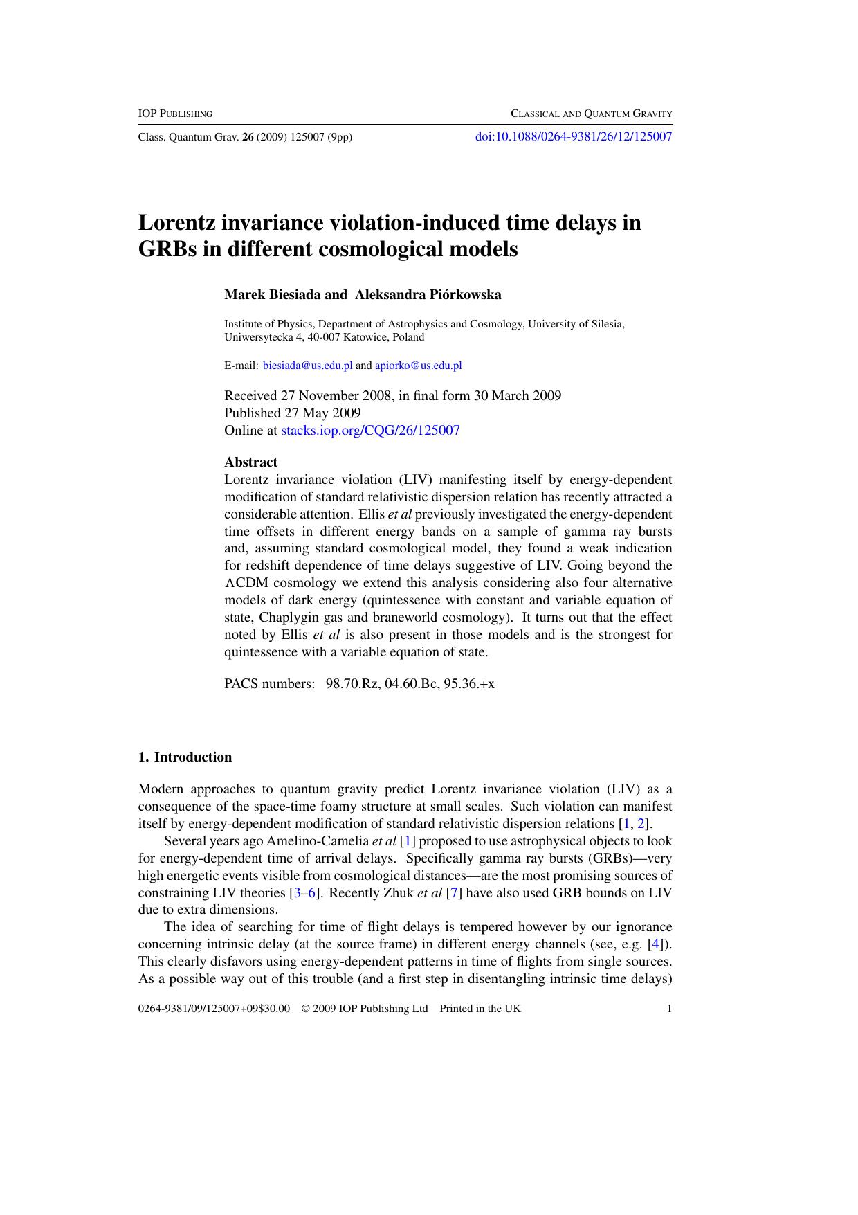 Lorentz invariance violation induced time delays in GRBs in different cosmological models by M Biesiada and A PiÛrkowska