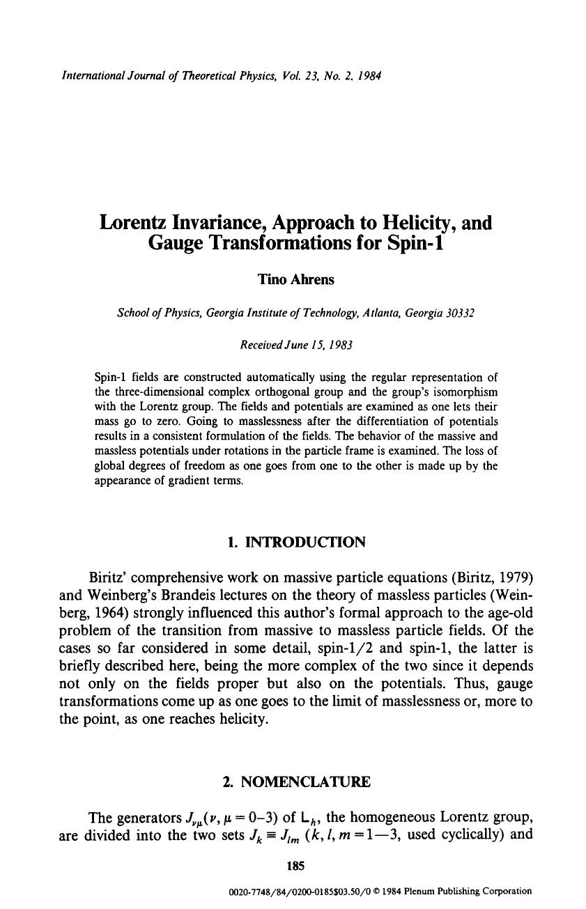 Lorentz invariance, approach to helicity, and gauge transformations for Spin-1 by Unknown