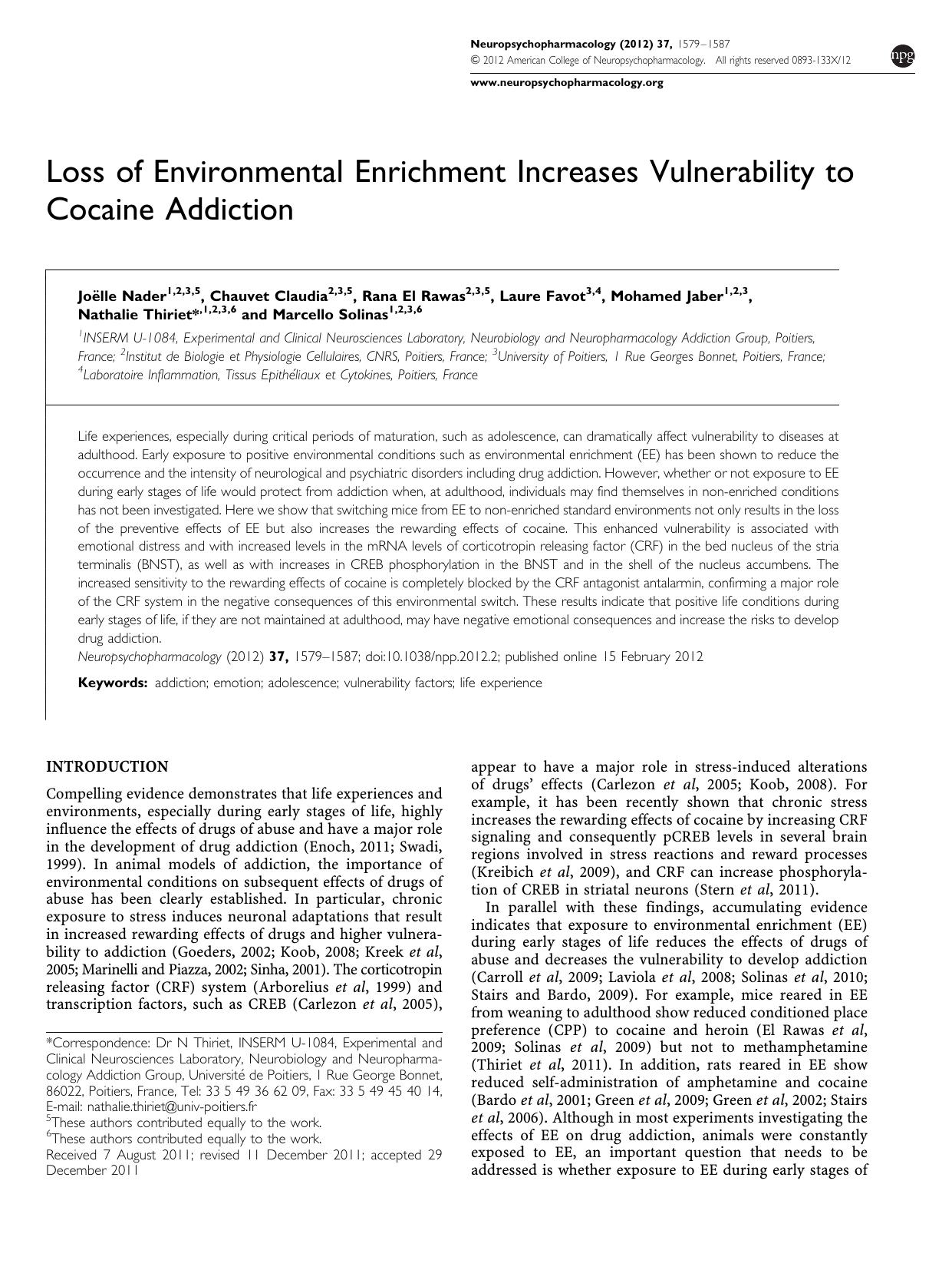 Loss of Environmental Enrichment Increases Vulnerability to Cocaine Addiction by unknow
