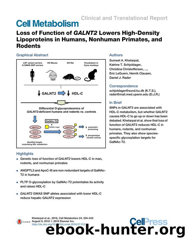 Loss of Function of GALNT2 Lowers High-Density Lipoproteins in Humans, Nonhuman Primates, and Rodents by unknow