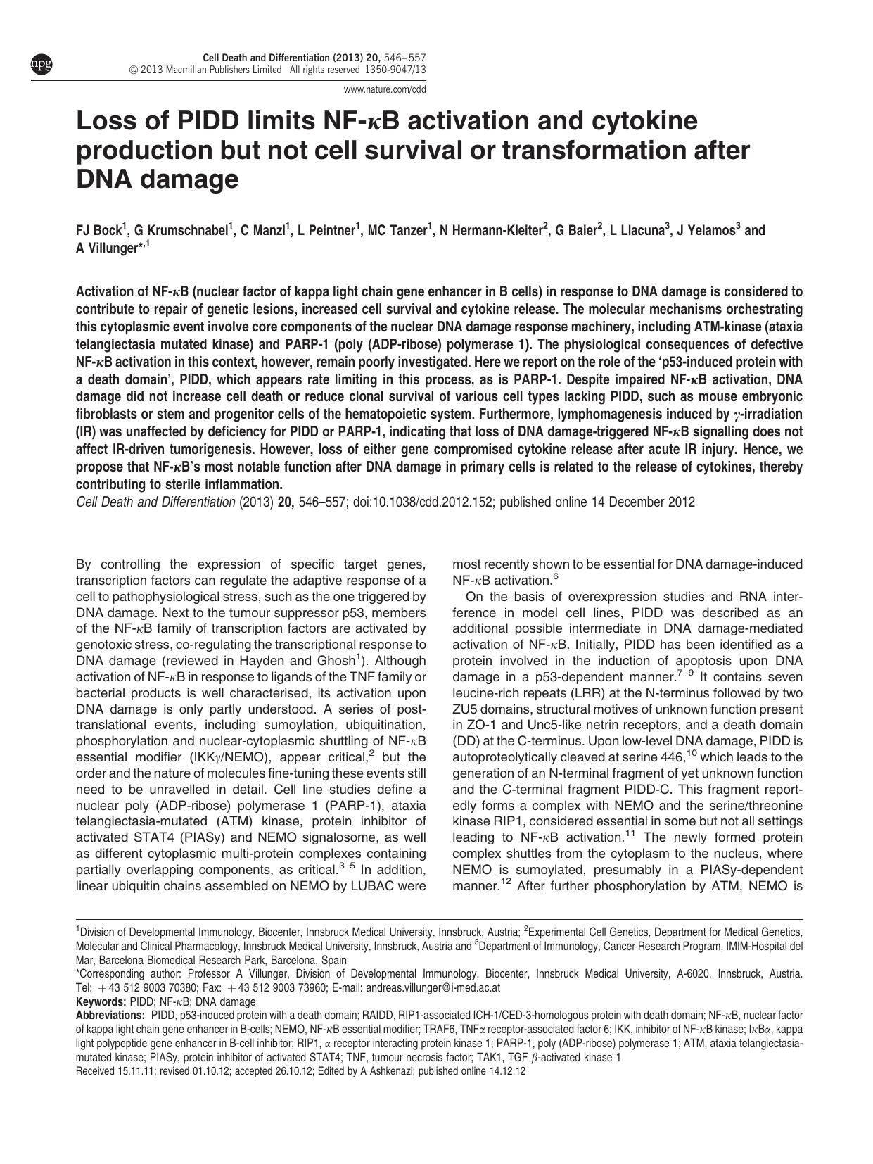 Loss of PIDD limits NF-&kappa;B activation and cytokine production but not cell survival or transformation after DNA damage by unknow