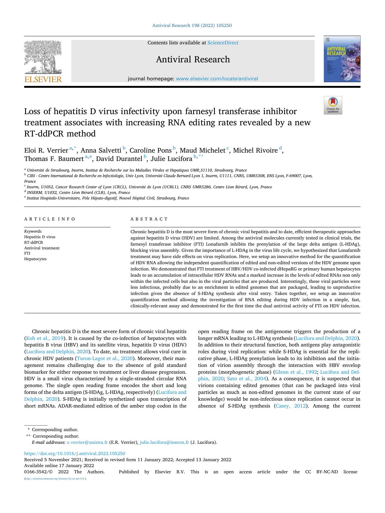 Loss of hepatitis D virus infectivity upon farnesyl transferase inhibitor treatment associates with increasing RNA editing rates revealed by a new RT-ddPCR method by unknow