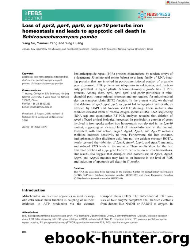Loss of ppr3, ppr4, ppr6, or ppr10 perturbs iron homeostasis and leads to apoptotic cell death in Schizosaccharomyces pombe by Unknown
