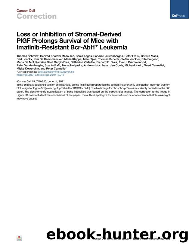 Loss or Inhibition of Stromal-Derived PlGF Prolongs Survival of Mice with Imatinib-Resistant Bcr-Abl1&#x002B; Leukemia by unknow