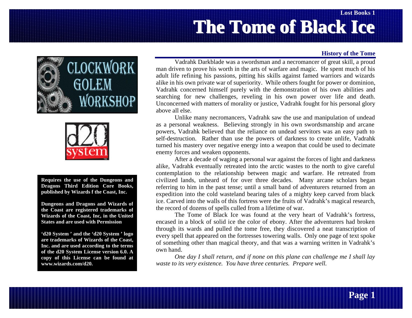 Lost Books 1 - The Tome of Black Ice by Clockwork Golem Workshop