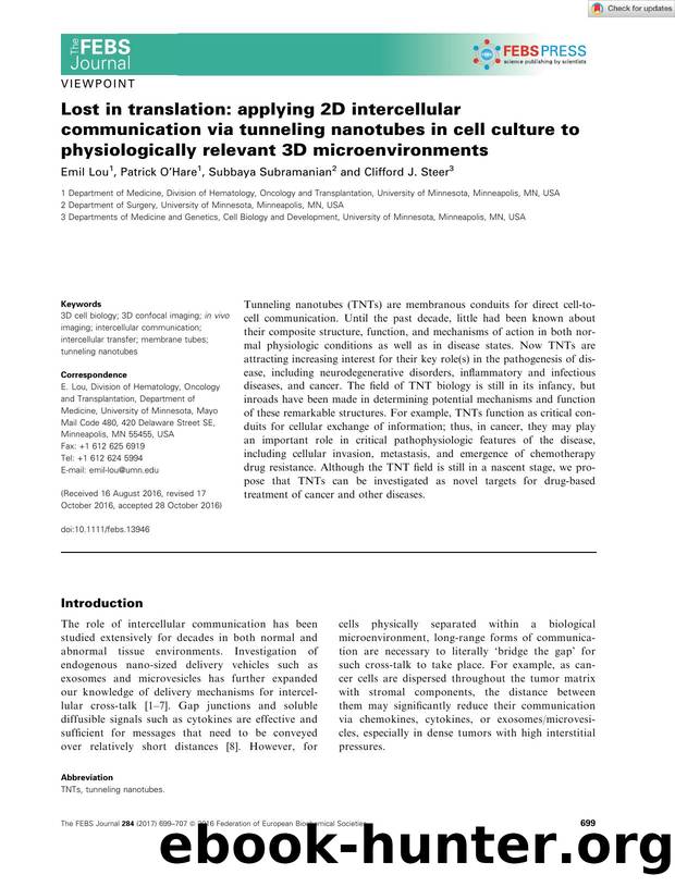 Lost in translation: applying 2D intercellular communication via tunneling nanotubes in cell culture to physiologically relevant 3D microenvironments by Unknown