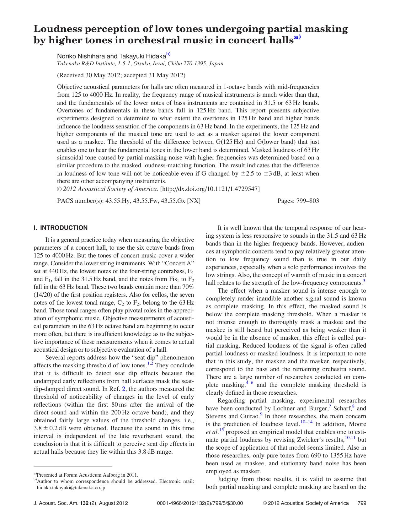 Loudness perception of low tones undergoing partial masking by higher tones in orchestral music in concert hallsa) by Noriko Nishihara and Takayuki Hidakab)