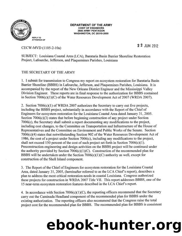 Louisiana Coastal Area (LCA), Barataria Basin Barrier Shoreline Restoration Project, Lafourche, Jefferson, and Plaquemines Parishes, Louisiana by CECW-MVD Mississippi Valley Divison