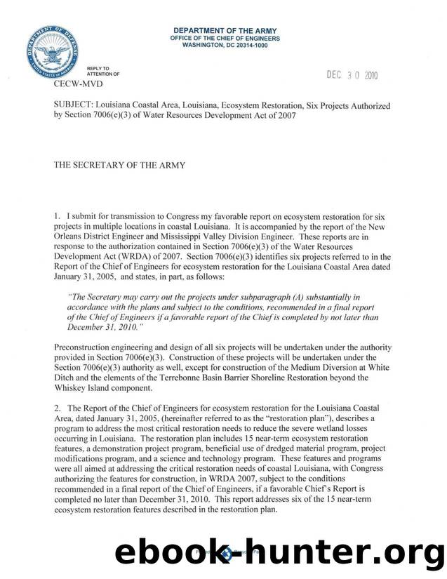 Louisiana Coastal Area, Louisiana, Ecosystem Restoration, Six Projects Authorized by Section 7006(e}(3) of Water Resources Development Act of2007 by CECW-MVD Mississippi Valley Division