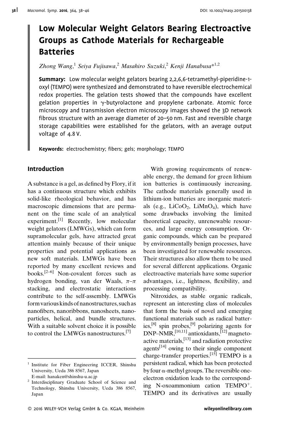 Low Molecular Weight Gelators Bearing Electroactive Groups as Cathode Materials for Rechargeable Batteries by Unknown