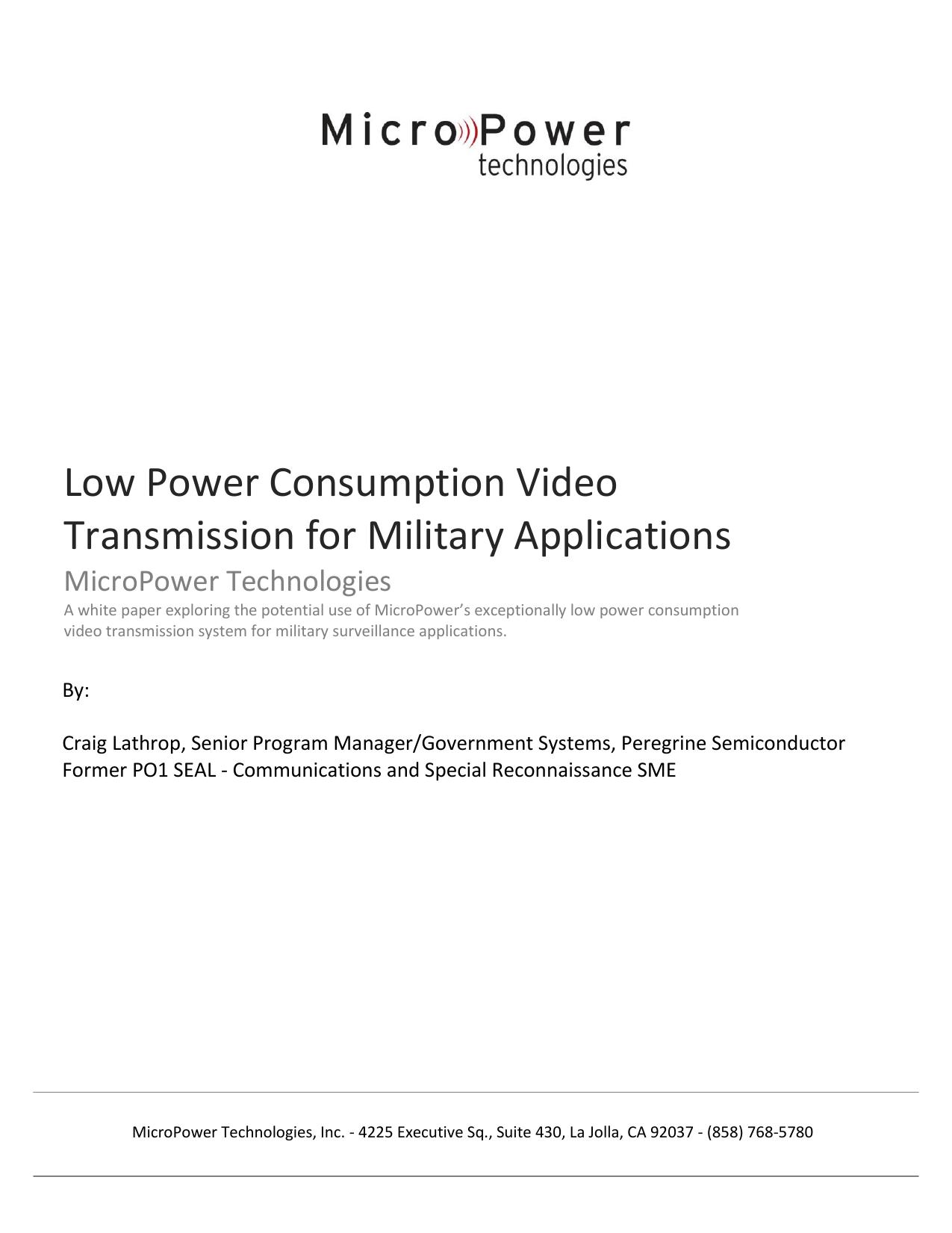 Low Power Consumption Video Transmission for Military Applications by MicroPower Technologies