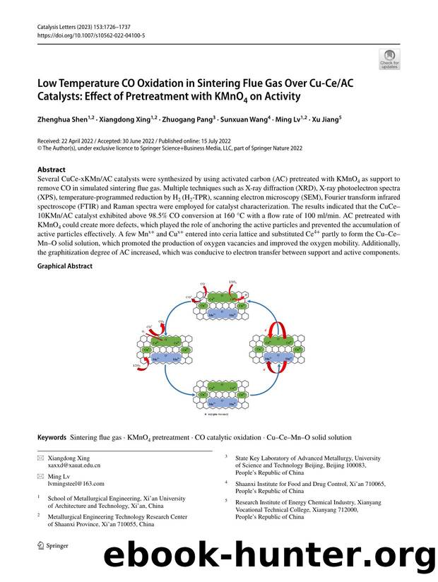 Low Temperature CO Oxidation in Sintering Flue Gas Over Cu-CeAC Catalysts: Effect of Pretreatment with KMnO4 on Activity by Zhenghua Shen & Xiangdong Xing & Zhuogang Pang & Sunxuan Wang & Ming Lv & Xu Jiang