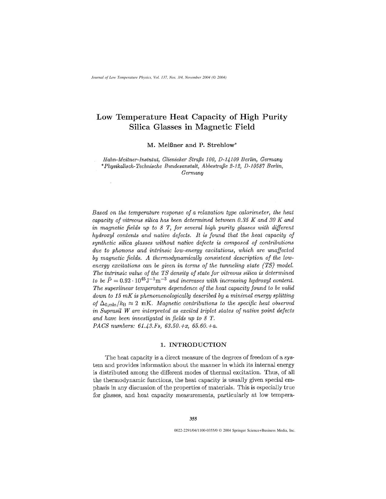 Low Temperature Heat Capacity of High Purity Silica Glasses in Magnetic Field by Unknown