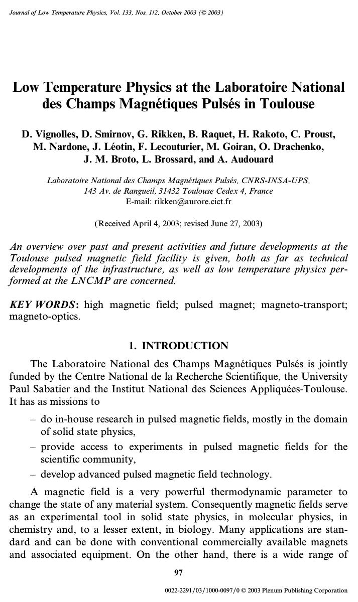 Low Temperature Physics at the Laboratoire National des Champs Magnétiques Pulsés in Toulouse by Unknown