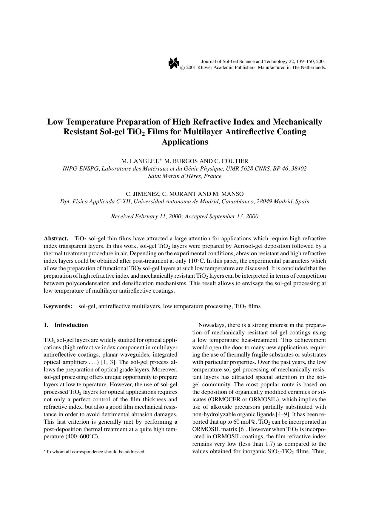 Low Temperature Preparation of High Refractive Index and Mechanically Resistant Sol-gel TiO2 Films for Multilayer Antireflective Coating Applications by Unknown