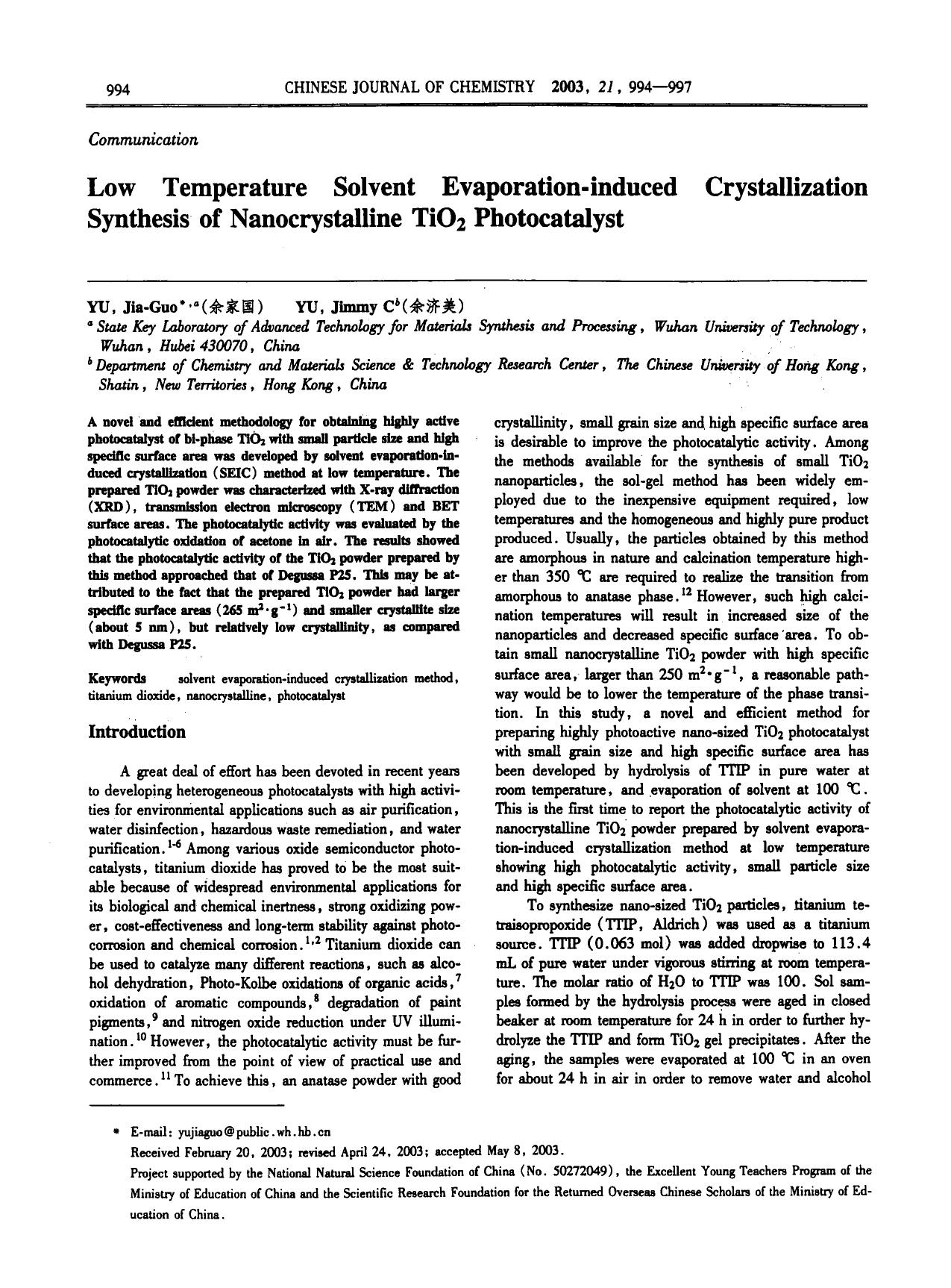Low Temperature Solvent Evaporationinduced Crystallization Synthesis of Nanocrystalline TiO2 Photocatalyst by Unknown