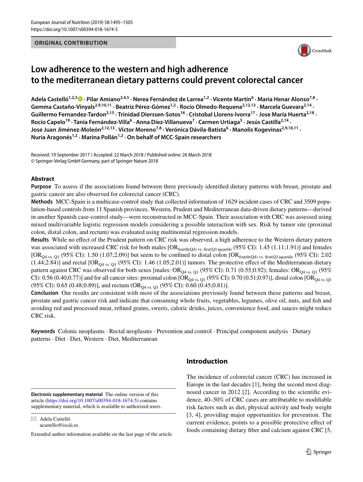 Low adherence to the western and high adherence to the mediterranean dietary patterns could prevent colorectal cancer by Adela Castelló