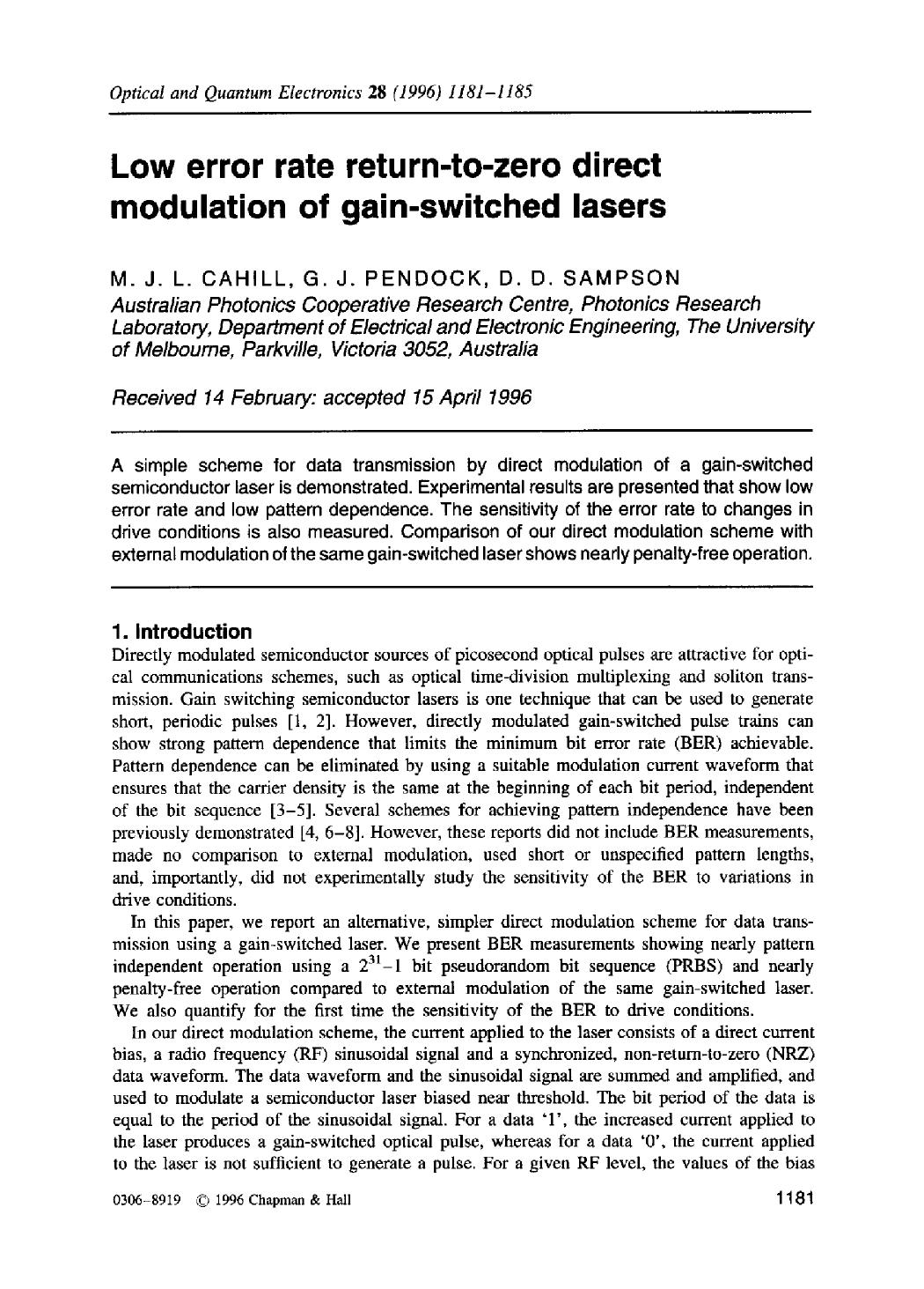 Low error rate return-to-zero direct modulation of gain-switched lasers by Unknown