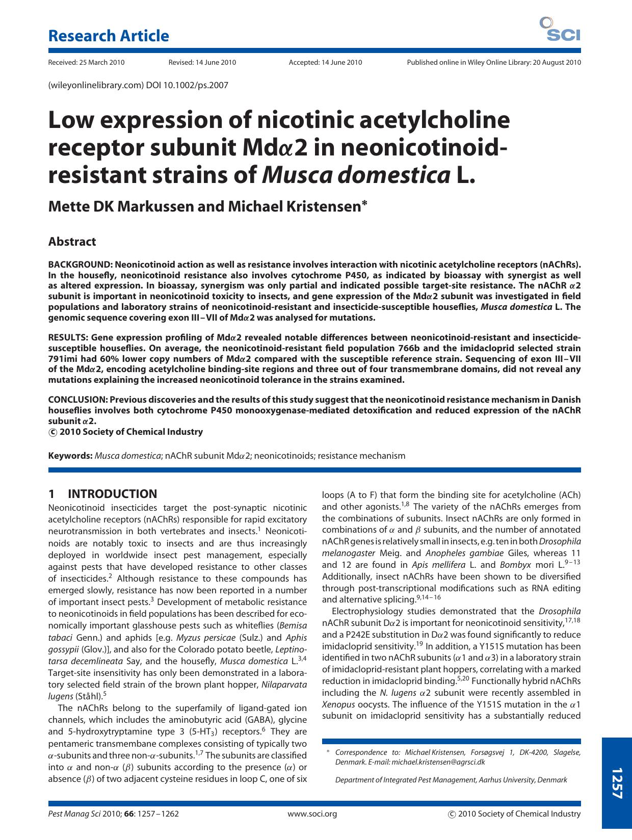 Low expression of nicotinic acetylcholine receptor subunit Md2 in neonicotinoidresistant strains of Musca domestica L. by Unknown