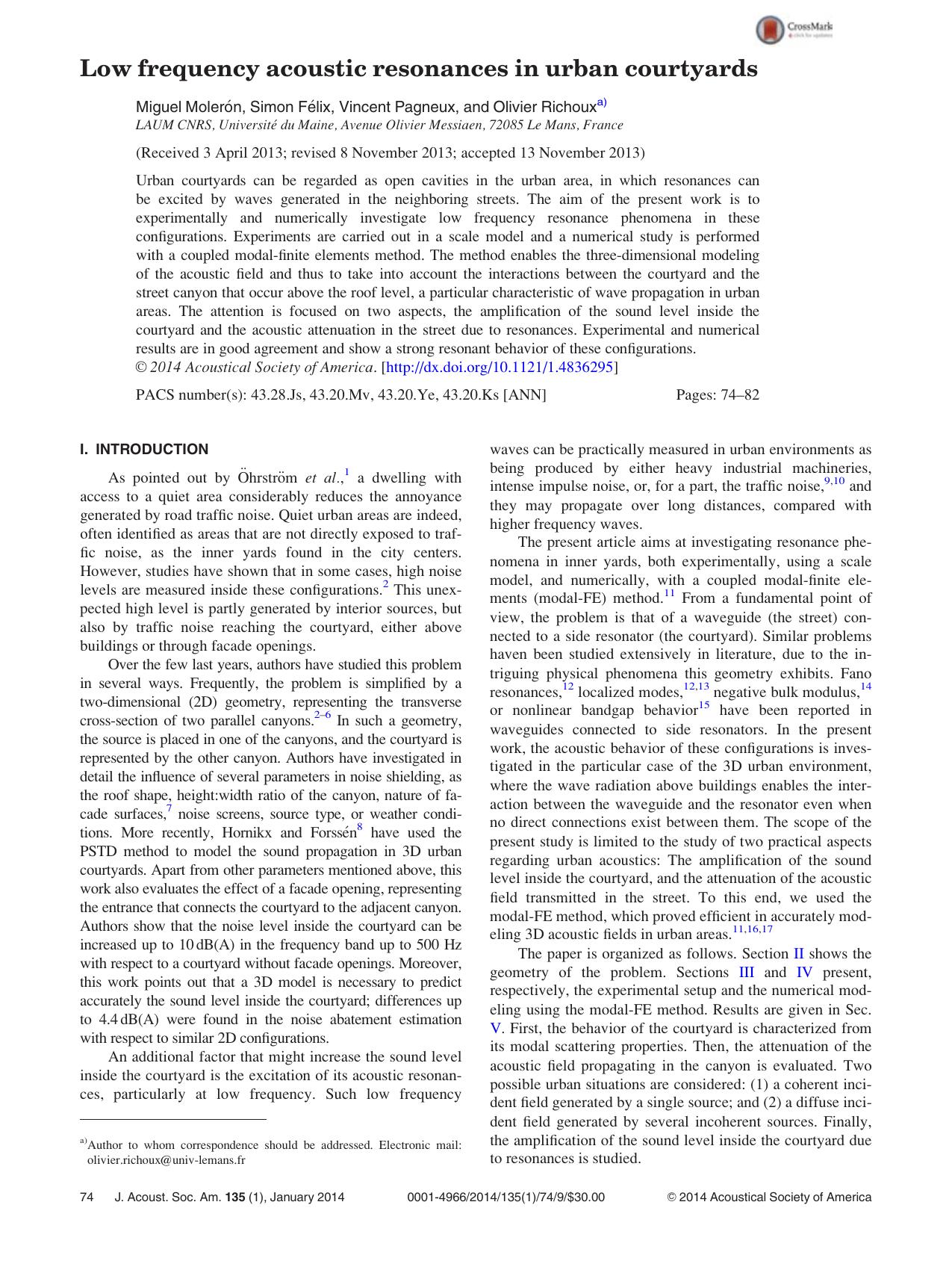 Low frequency acoustic resonances in urban courtyards by Miguel Moler & on Simon F & elix Vincent Pagneux and Olivier Richouxa)