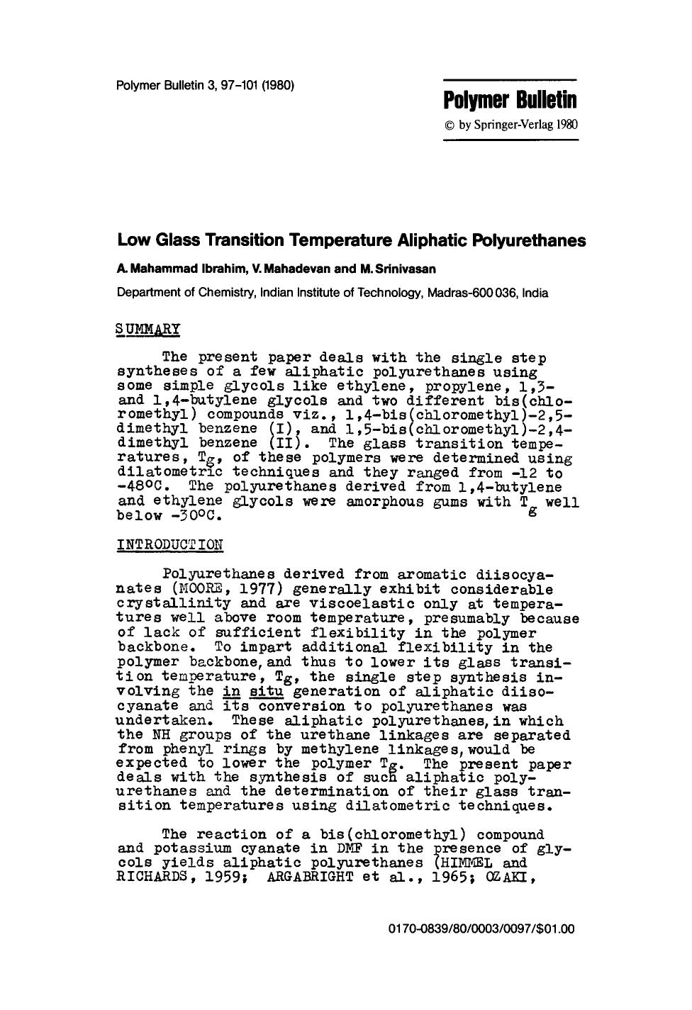 Low glass transition temperature aliphatic polyurethanes by Unknown