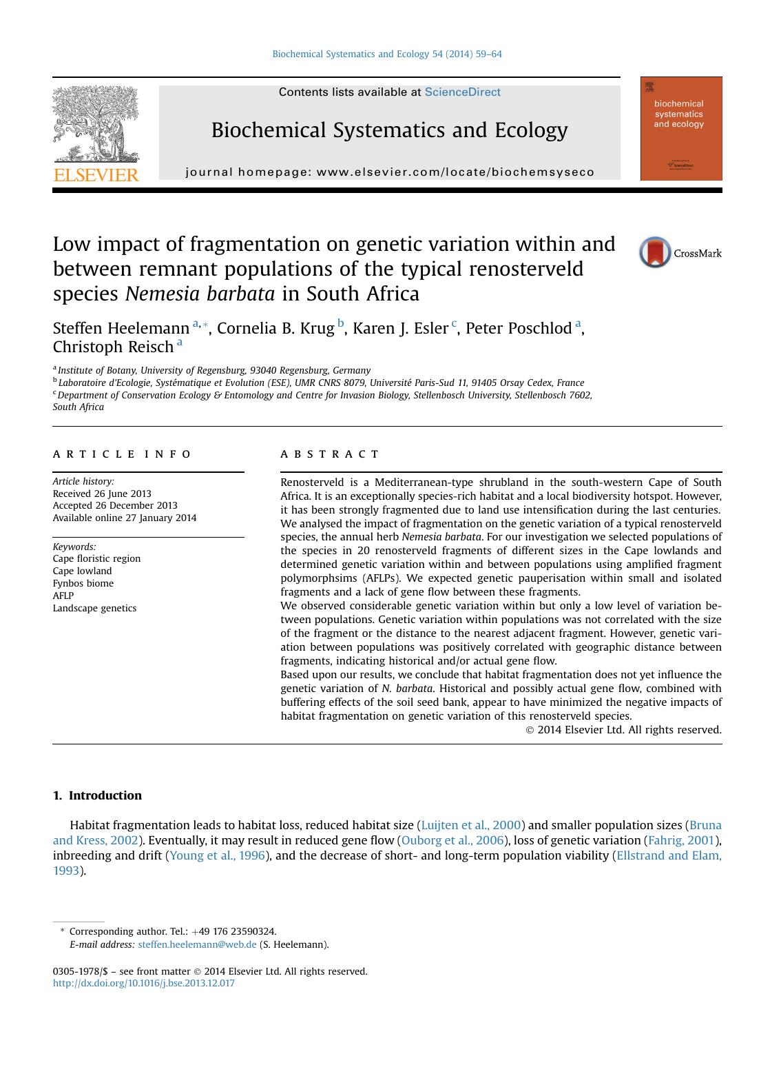 Low impact of fragmentation on genetic variation within and between remnant populations of the typical renosterveld species Nemesia barbata in South Africa by Steffen Heelemann & Cornelia B. Krug & Karen J. Esler & Peter Poschlod & Christoph Reisch