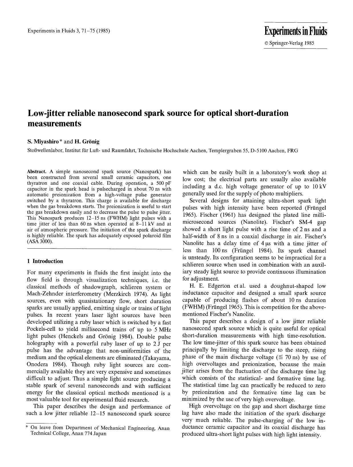 Low jitter reliable nanosecond spark source for optical short-duration measurements by Unknown