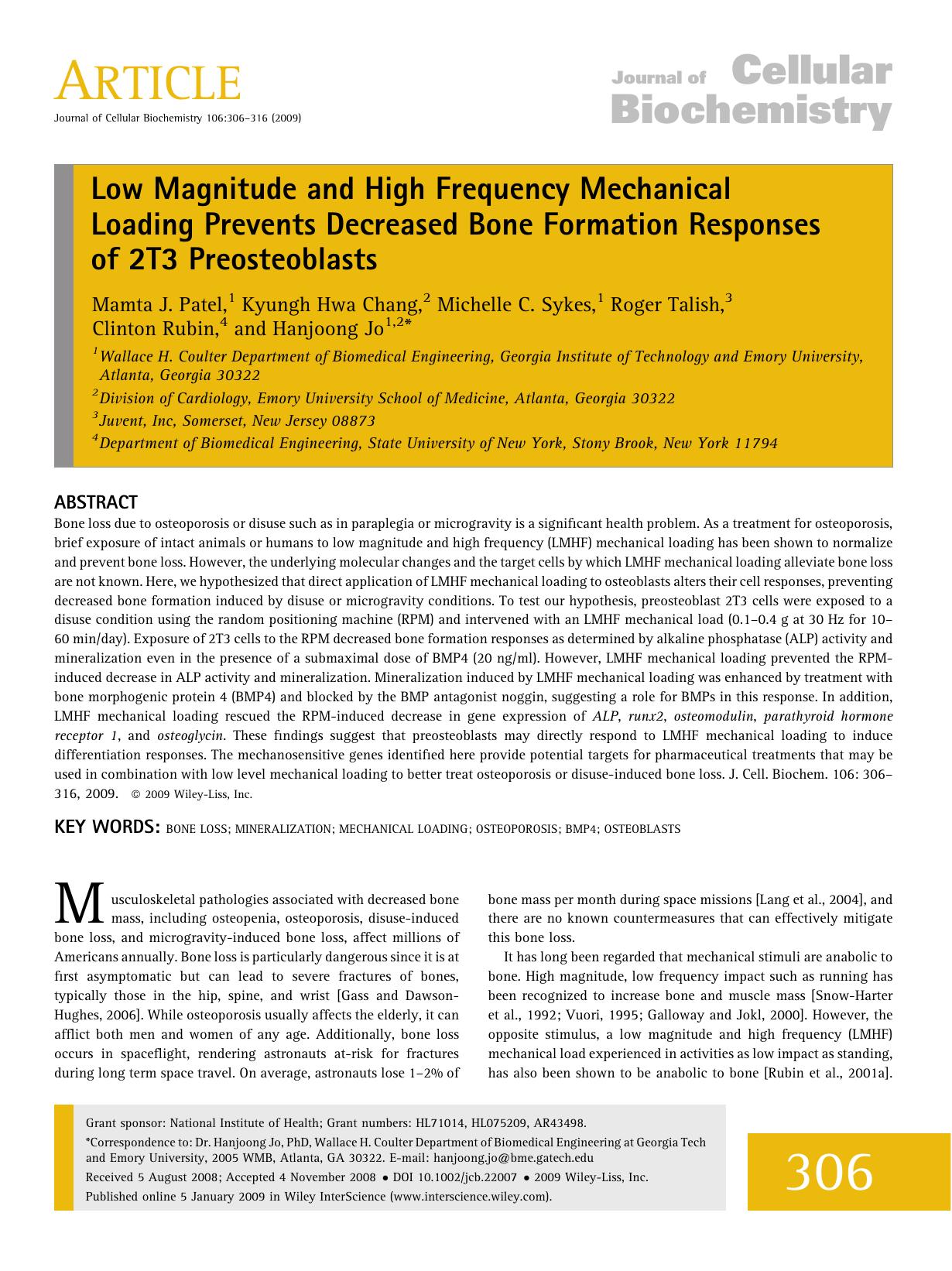Low magnitude and high frequency mechanical loading prevents decreased bone formation responses of 2T3 preosteoblasts by Unknown